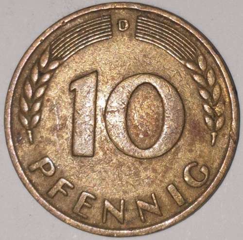 1949 D - 10 PFENNIG - TEN PFENNIG - GERMANY - FEDERAL REPUBLIC - (Brass Clad Steel) KM# 103